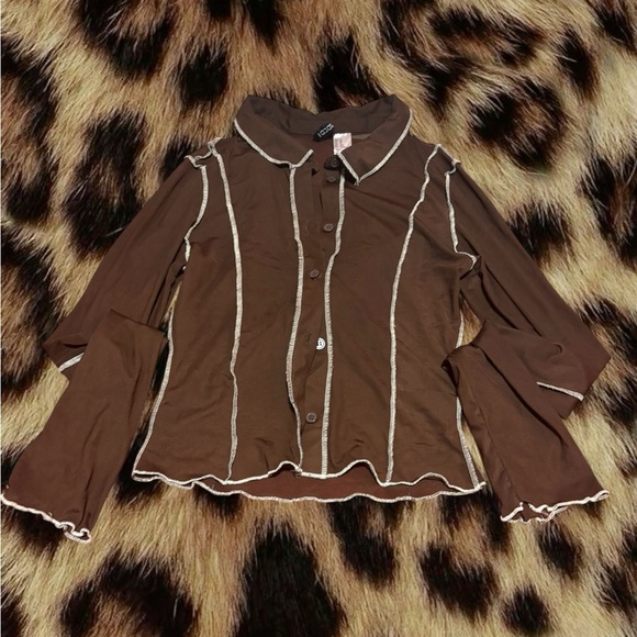H&M Tops - (Size XS) H&M Brown MESH Button-Up Top